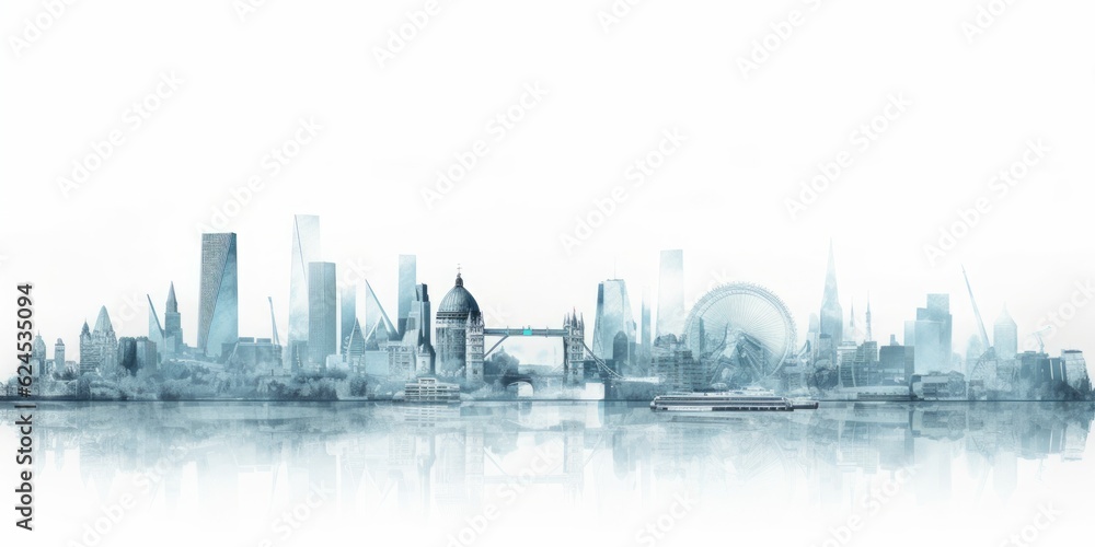 Naklejka premium panorama of london pencil, Silhouette of London Skyline in Black-and-White Pencil Drawing, Highlighting Iconic Landmarks like London Eye, Big Ben, and Swiss Re Tower against a Serene White Background