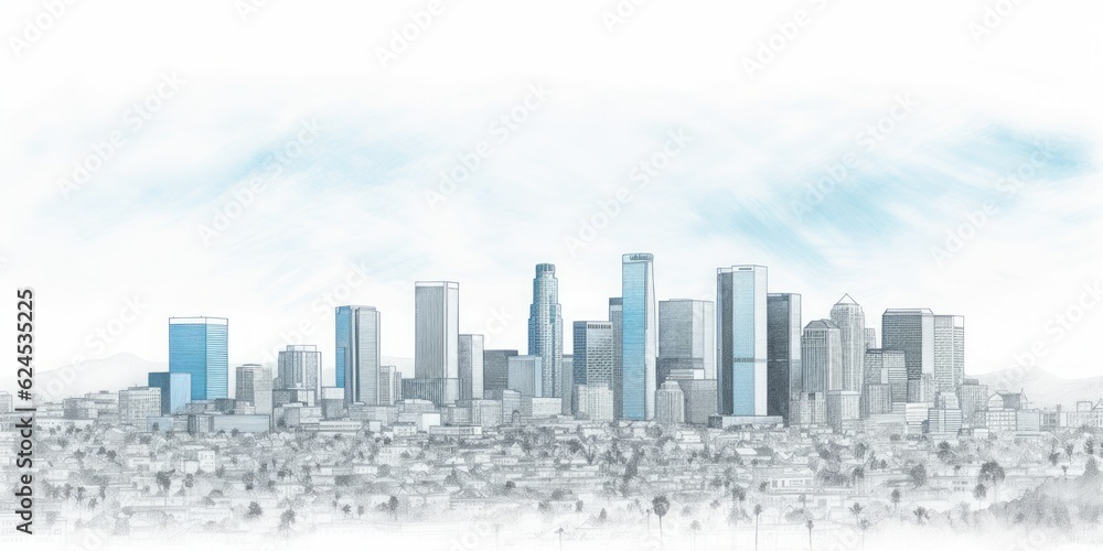 panorama of los angels pencil drawing, Silhouette of Los Angeles Skyline in Light Blue Pencil Drawing, an Artistic Interpretation of Iconic Landmarks on a Serene White Background