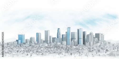 panorama of los angels pencil drawing, Silhouette of Los Angeles Skyline in Light Blue Pencil Drawing, an Artistic Interpretation of Iconic Landmarks on a Serene White Background © Ben