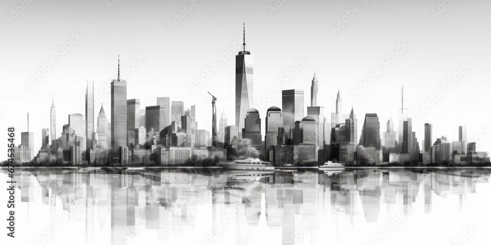 panorama of new yourk pencil drawing, Silhouette of New York Skyline in Light Blue Pencil Drawing, an Artistic Interpretation of Iconic Landmarks on a Serene White Background