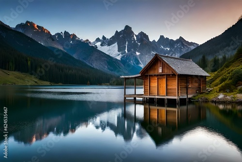 An eye-cathcing scene of a lake in the cradle of a mountain with a wooden hut - AI generative