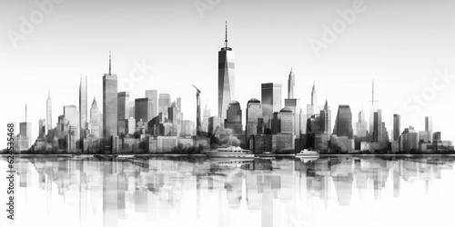 panorama of new yourk pencil drawing  Silhouette of New York Skyline in Light Blue Pencil Drawing  an Artistic Interpretation of Iconic Landmarks on a Serene White Background