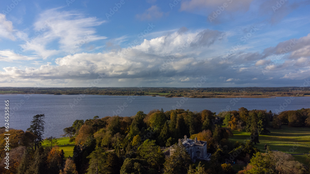 An aerial photo of the Belveder House near Mullingar town , Westmeath , Ireland .