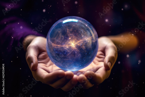 hands holding glowing sphere of light and space. Reading the future in a fortune telling ball