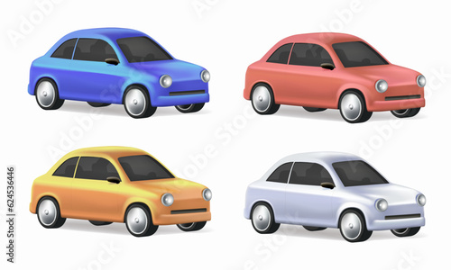 3D cars set. Taxi cedan auto different colors. Urban  city cars and vehicles transport 3D vector icons. Car automobile