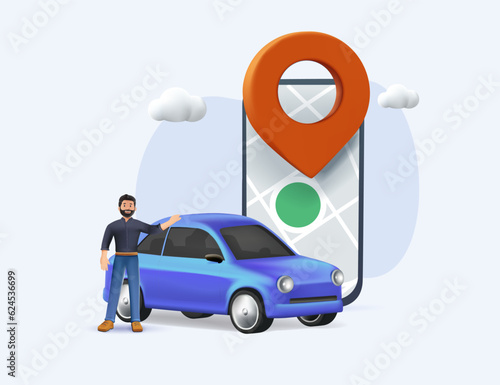 3D vector illustration of autonomous online car sharing service controlled via smartphone app. Phone with location mark