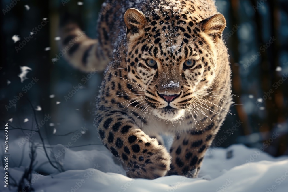 The sight of a leopard running in a forest covered in snow.