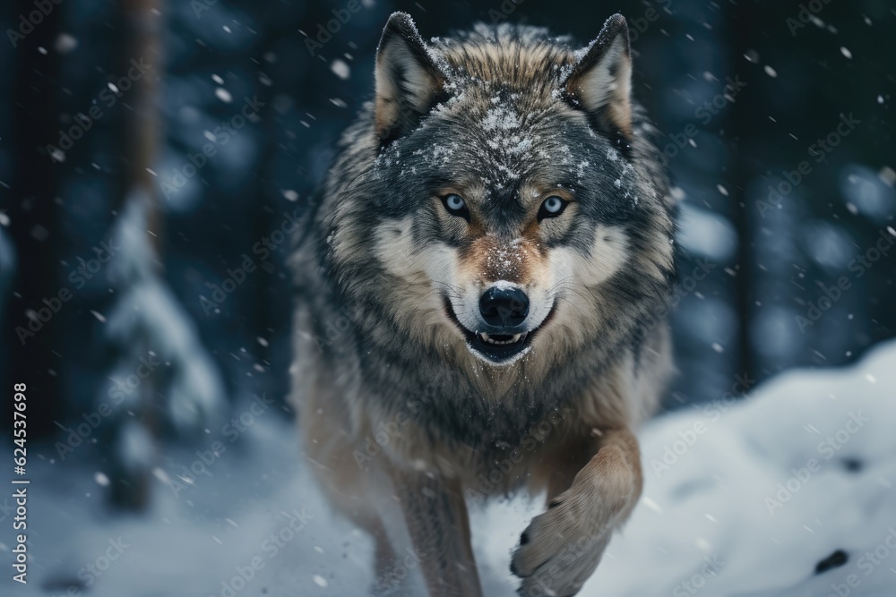 Obraz premium The sight of a wolf running in a forest covered in snow.