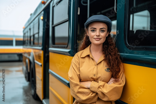 Woman in uniform shirt standing next to open doors of yellow orange school bus, female driver. Generative AI