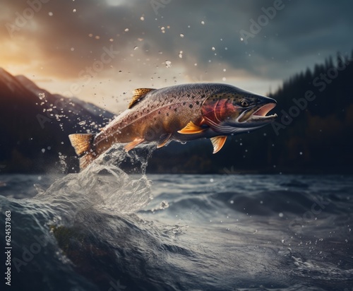 Trout Jumping Out of a Stream, created with Generative AI Technology, ai, generative