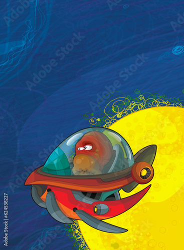 Cartoon funny colorful scene of cosmos galactic alien ufo space craft ship isolated illustration for children © honeyflavour