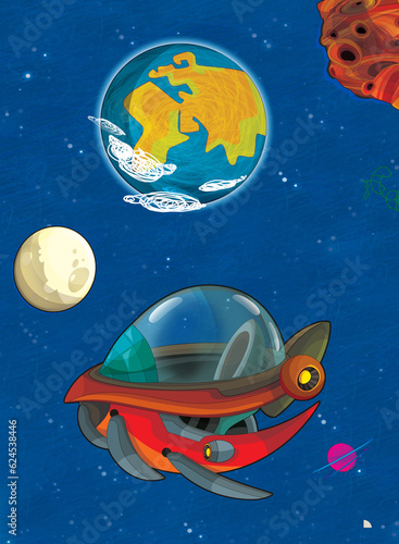 Cartoon funny colorful scene of cosmos galactic alien ufo space craft ship isolated illustration for children