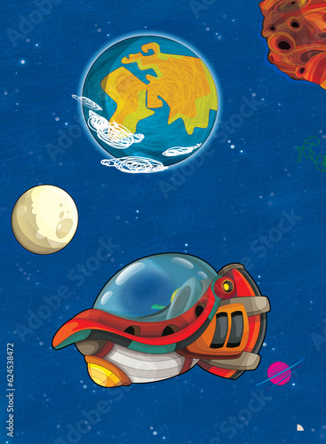 Fototapeta Naklejka Na Ścianę i Meble -  Cartoon funny colorful scene of cosmos galactic alien ufo space craft ship isolated illustration for children