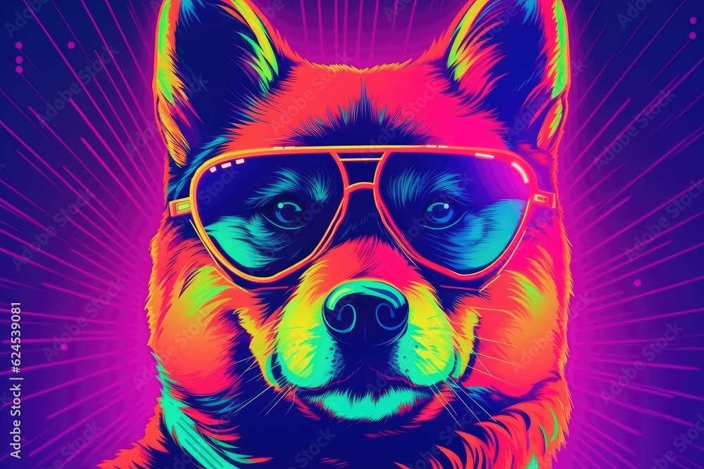 Portrait of a Shiba Inu dog in a neon glow. Shiba cryptocurrency logo.
