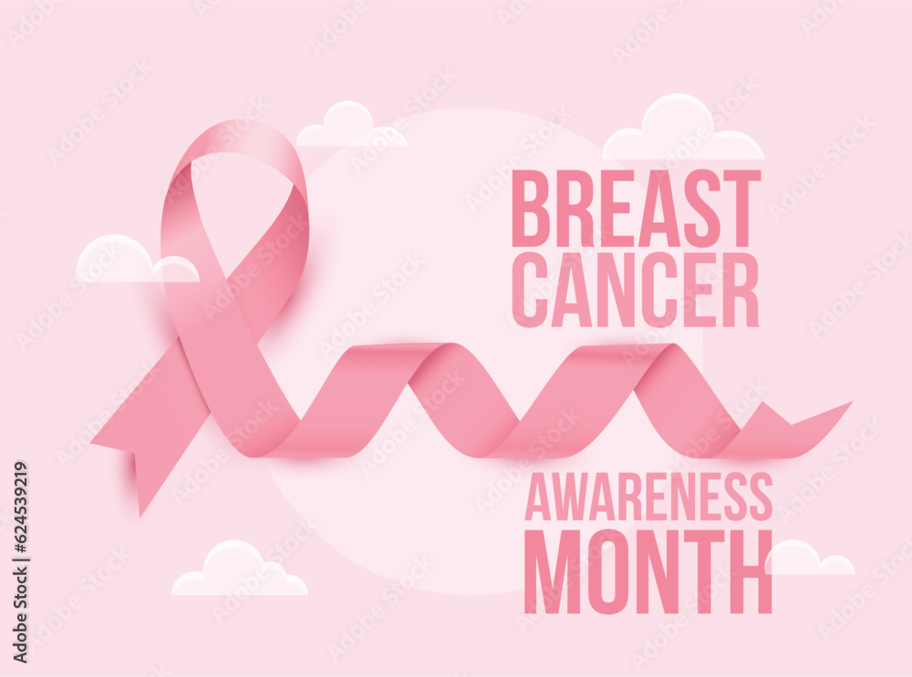 Pink ribbon for Breast Cancer Awareness Month October. Curly pink ribbon on pink background with clouds. Vector illustration.