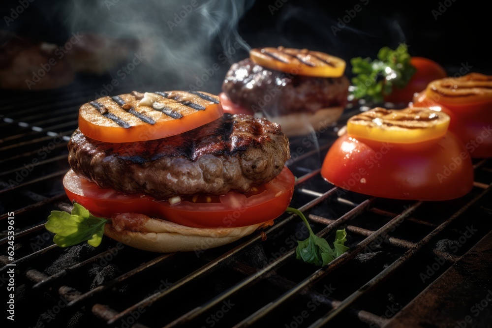 burger grilled, Burgers and Tomato on Grill, a Sparklecore Culinary
