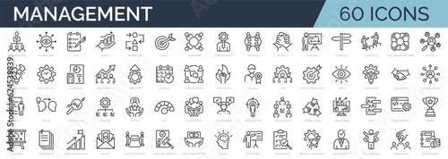 Set of 60 outline icons related to management, administration, supervision, leadership, business, governance. Linear icon collection. Editable stroke. Vector illustration