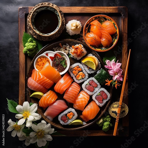 Elevating Sushi Delights: Captivating Overhead Shot of Japanese Sushi 

