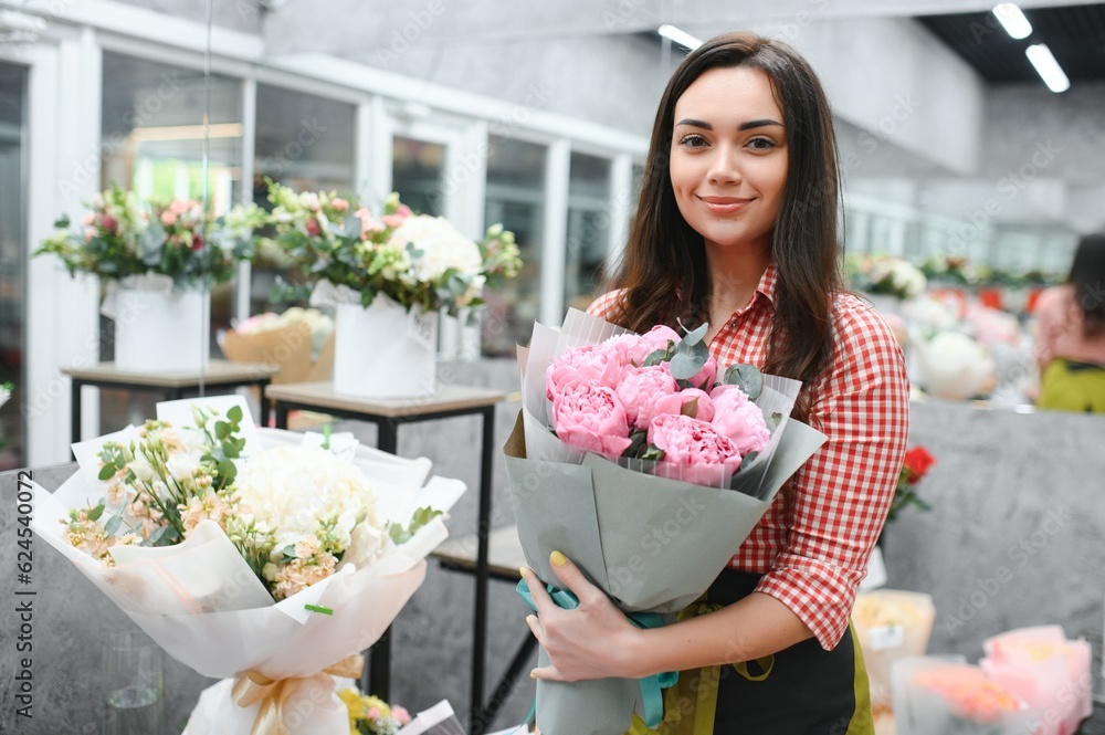 Startup successful sme small business entrepreneur owner woman standing with flowers at florist shop service job. Portrait of caucasian girl successful owner environment friendly concept banner