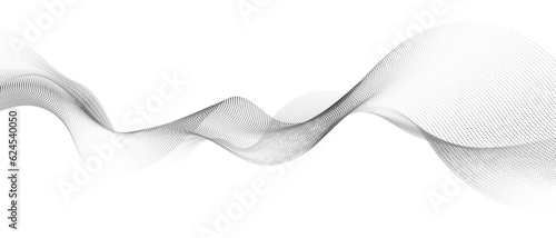 Flowing dots particles wave pattern monochrome halftone black gradient. Abstract smoky curve shape isolated on white background. Vector in concept of AI, technology, modern science, music, sound.