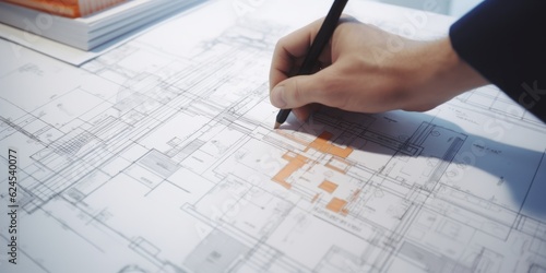 architect working on blueprint, Architecture: Architects Hand on Plans Creates a Vision in Orange and Indigo, White Office, Inspiring Skyscraper photo