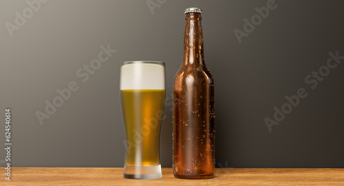 3D Mockup Highlighting Bottle Beer and Glass with Realistic Detail on wooden table