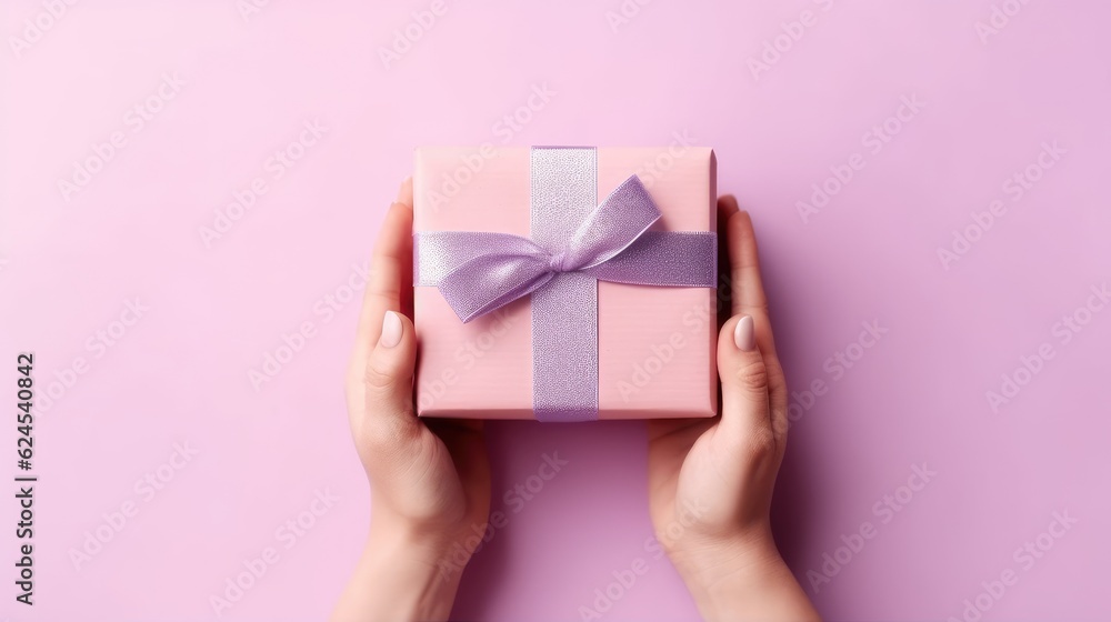 Close-up of female hands holding a small gift, surprise gift box. Small gift in hand. focus on the small box. Close-up of female hands holding a small gift, surprise gift box. Small gift in hand. focus on the small box.