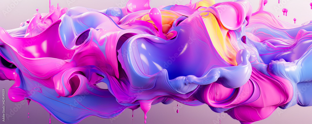 colorful image of a multi-colored liquid, flying and flowing, light purple and pink, bright saturated background. banner ready to use on the site. AI generation.