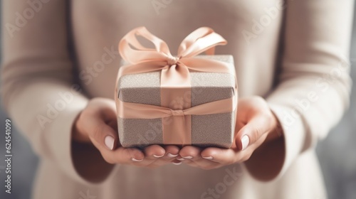 Close-up of female hands holding a small gift, surprise gift box. Small gift in hand. focus on the small box. © AndErsoN