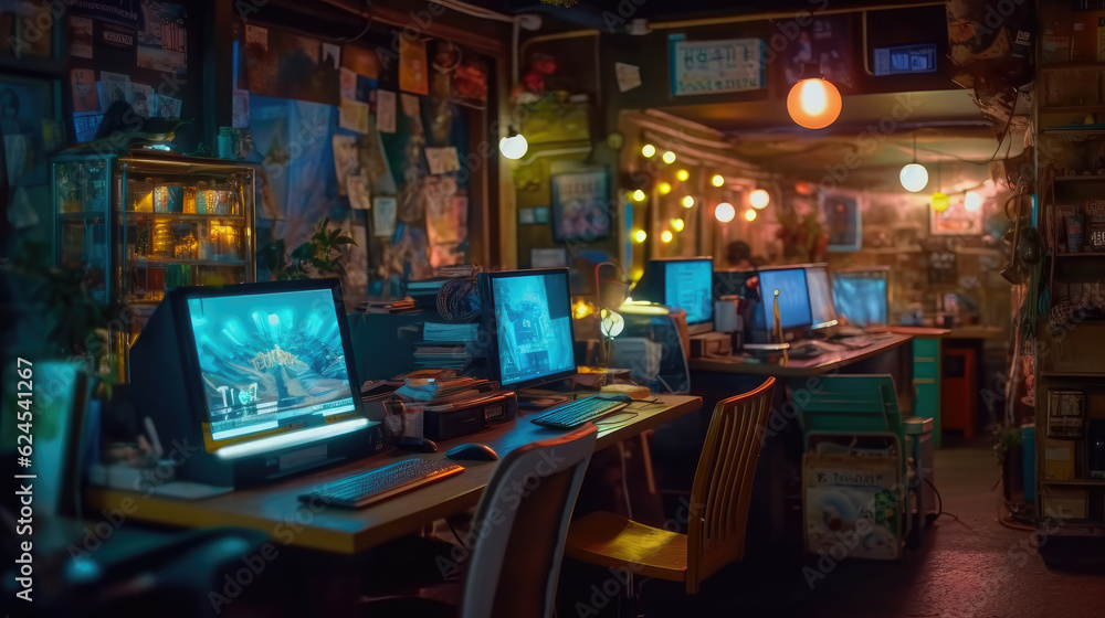 High-end Internet cafe with modern computers for playing video games