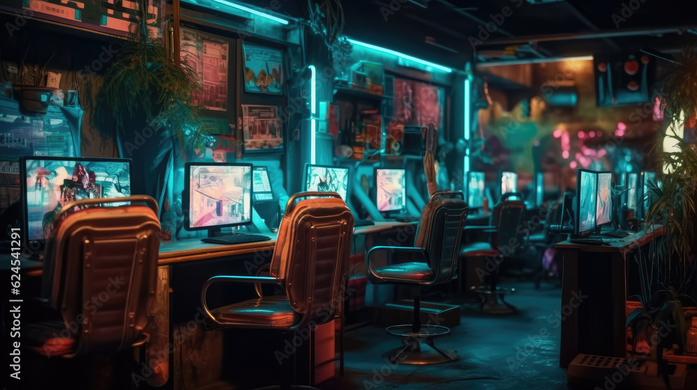 High-end Internet cafe with modern computers for playing video games High-end Internet cafe with modern computers for playing video games