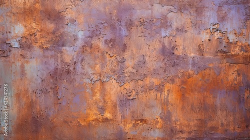 a horizontal abstract background, of rusted metal, with cool lavender and warm rust orange highlights, tactile, uneven texture for product display/mock-up. Decor-themed in a JPG format. Generative AI