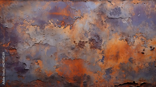 a horizontal abstract background, of rusted metal, with cool lavender and warm rust orange highlights, tactile, uneven texture for product display/mock-up. Decor-themed in a JPG format. Generative AI