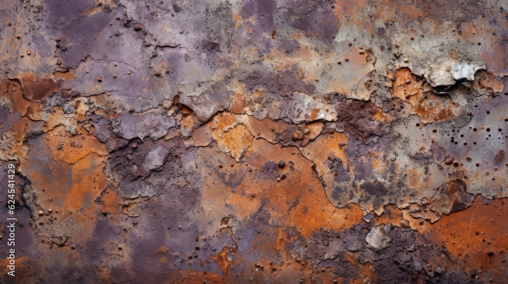 a horizontal abstract background, of rusted metal, with cool lavender and warm rust orange highlights, tactile, uneven texture for product display/mock-up. Decor-themed in a JPG format. Generative AI a horizontal abstract background, of rusted metal, with cool lavender and warm rust orange highlights, tactile, uneven texture for product display/mock-up. Decor-themed in a JPG format. Generative AI
