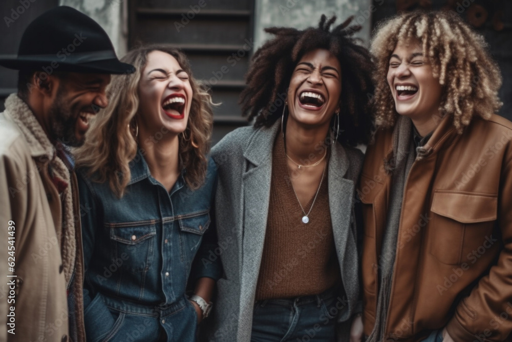 A group of people of different nationalities laughing. Different ages nationalities having fun together, having good time together laughing smiling. Enjoyment, relaxation respect peace. Generative AI.