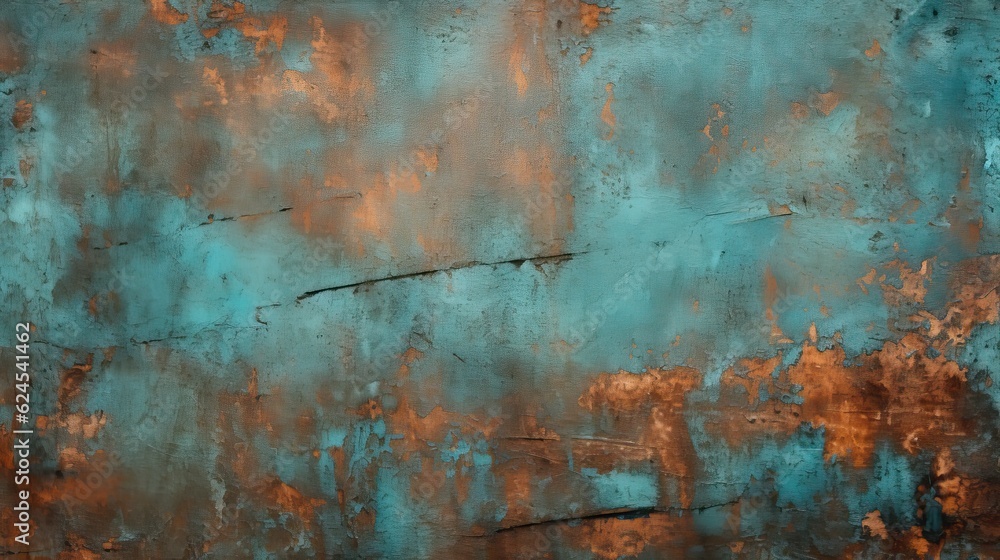  a horizontal abstract background, of rusted metal, with cool turquoise and warm rust-orange highlights, tactile, uneven texture for product display/mock-up.  Decor-themed in a JPG format. Generative 