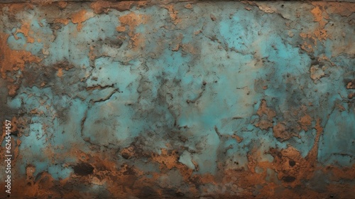  a horizontal abstract background, of rusted metal, with cool turquoise and warm rust-orange highlights, tactile, uneven texture for product display/mock-up. Decor-themed in a JPG format. Generative 