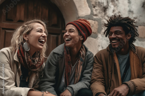 A group of people of different nationalities laughing. Different ages nationalities having fun together, having good time together laughing smiling. Enjoyment, relaxation respect peace. Generative AI.