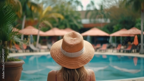 Back view of woman wearing hat at poolside on a tropical resort © didiksaputra
