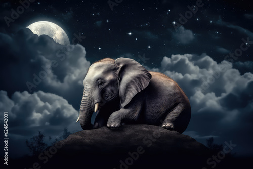 Cute little baby elephant against a starry night sky and fluffy white clouds. Creative fairy fantasy children s wallpaper  good night babies concept art.