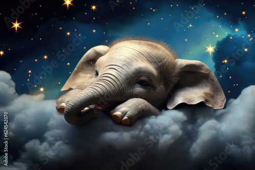 Cute little baby elephant sitting on a cloud in a starry night sky and fluffy white clouds. Creative fairy fantasy children's wallpaper, good night babies concept art.