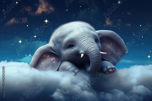 Cute little baby elephant sitting on a cloud in a starry night sky and fluffy white clouds. Creative fairy fantasy children's wallpaper, good night babies concept art.