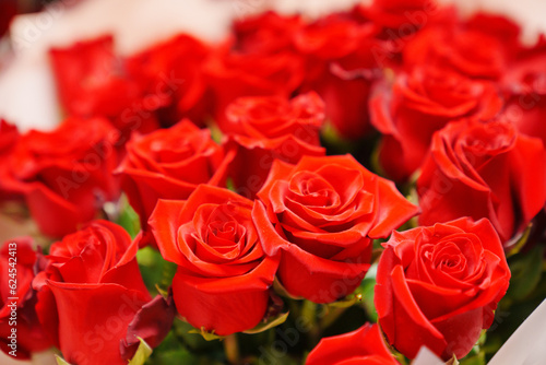 Bouquet of red roses from above. The beauty of flowers. 