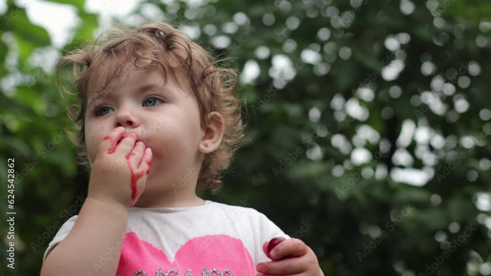 A child eats a red cherry, her mouth is dirty from the berry, but the juice runs down her hand. Healthy food, vitamins for children. A little girl likes to eat berries. Cherry in hand A child eats a red cherry, her mouth is dirty from the berry, but the juice runs down her hand. Healthy food, vitamins for children. A little girl likes to eat berries. Cherry in hand