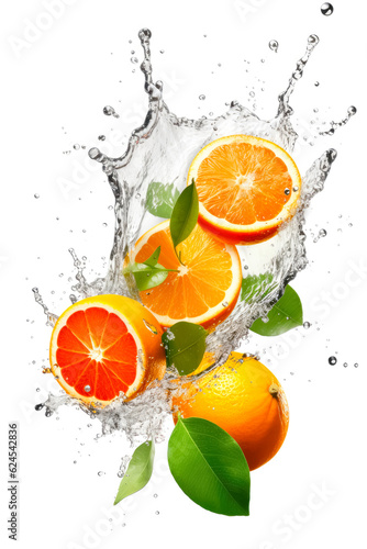 Fresh Oranges with water splash on isolated white background. Ai generated