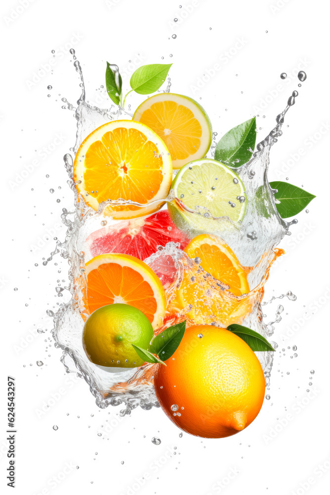 Fresh citrus fruits flying in water splash Isolated on white background. Copy Space. Generative AI Fresh citrus fruits flying in water splash Isolated on white background. Copy Space. Generative AI