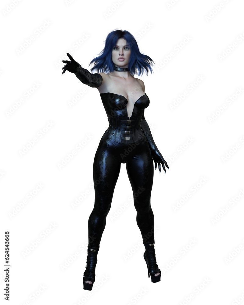 Portrait of a dark fantasy sorceress. Beautiful woman with purple hair wearing sexy black leather costume. Isolated 3D illustration. Portrait of a dark fantasy sorceress. Beautiful woman with purple hair wearing sexy black leather costume. Isolated 3D illustration.