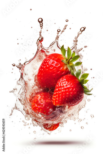 fresh strawberries dropped into water with splash on white backgrounds. generative AI