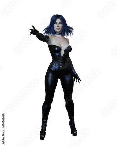 Portrait of a dark fantasy sorceress. Beautiful woman with purple hair wearing sexy black leather costume. Isolated 3D illustration.