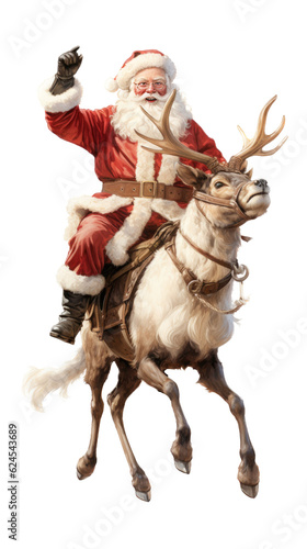 Santa Claus, riding one of his Reindeer carrying gifts and packages in his red and white outfit in a Christmas-themed, photorealistic illustration in a PNG format, cutout, and isolated. Generative AI